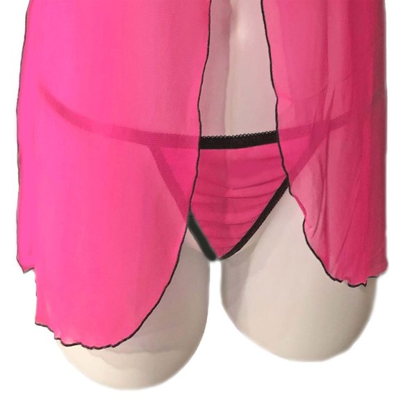 Mesh Babydoll Set Womens Plus Size Queen Hot Pink G-String and Flyaway Lingerie - Picture 7 of 8
